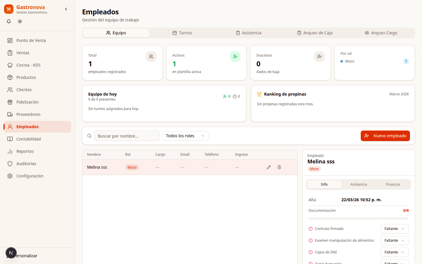 Captura de Empleados y Turnos en Gastronova