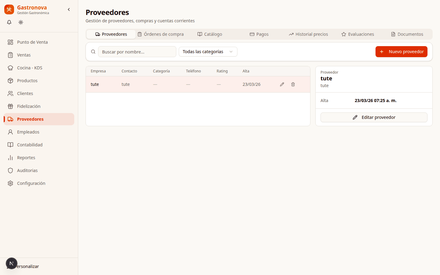 Captura de Proveedores y Compras en Gastronova