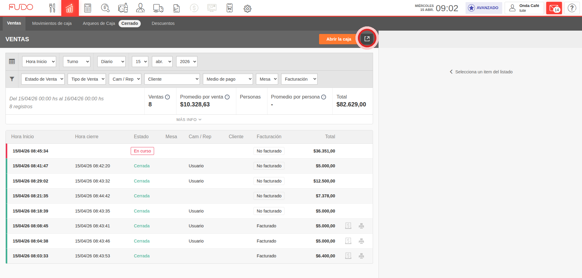 Botón exportar marcado en la pantalla de Ventas de Fudo