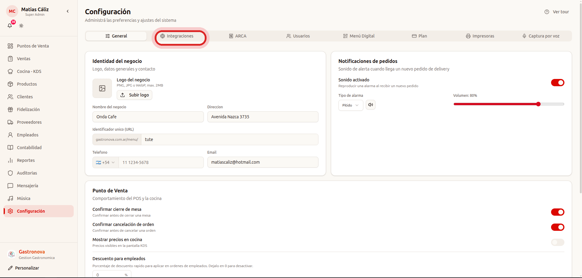 Pestaña Integraciones marcada dentro de Configuración en Gastronova