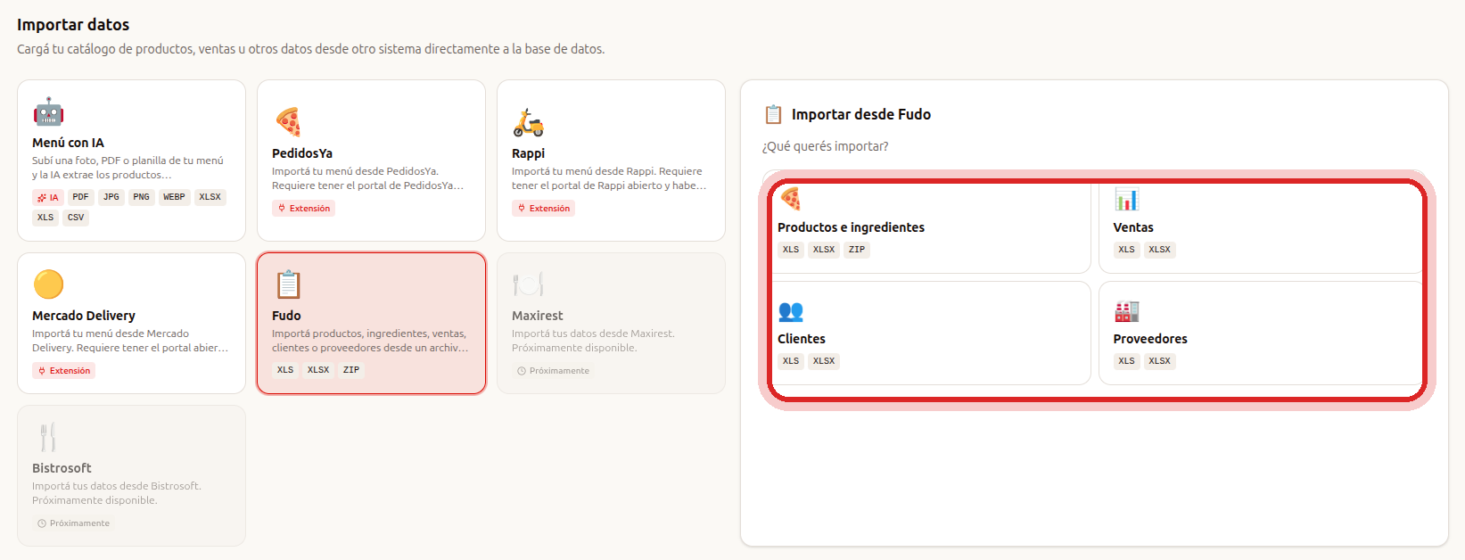 Panel con las cuatro tarjetas para subir los archivos exportados de Fudo